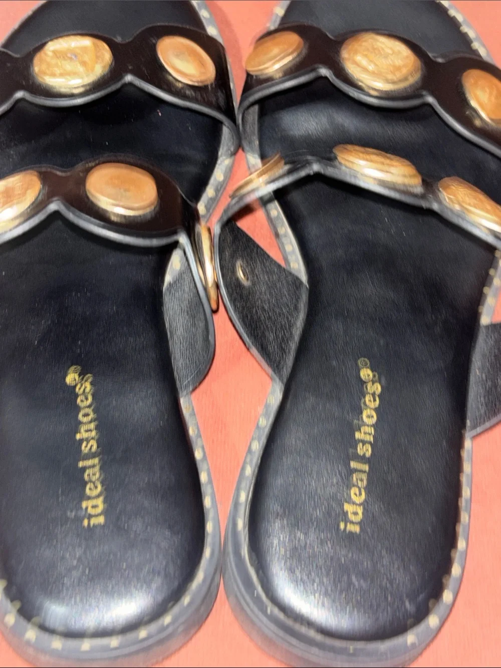 Black/gold medallion slip on slide flat sandals scalloped coin two strap 6.5